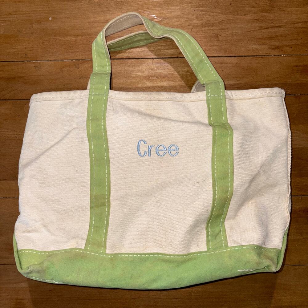 Vintage L.L.Bean Boat & Tote Canvas Bag Natural Off White Lime Green Embroidered